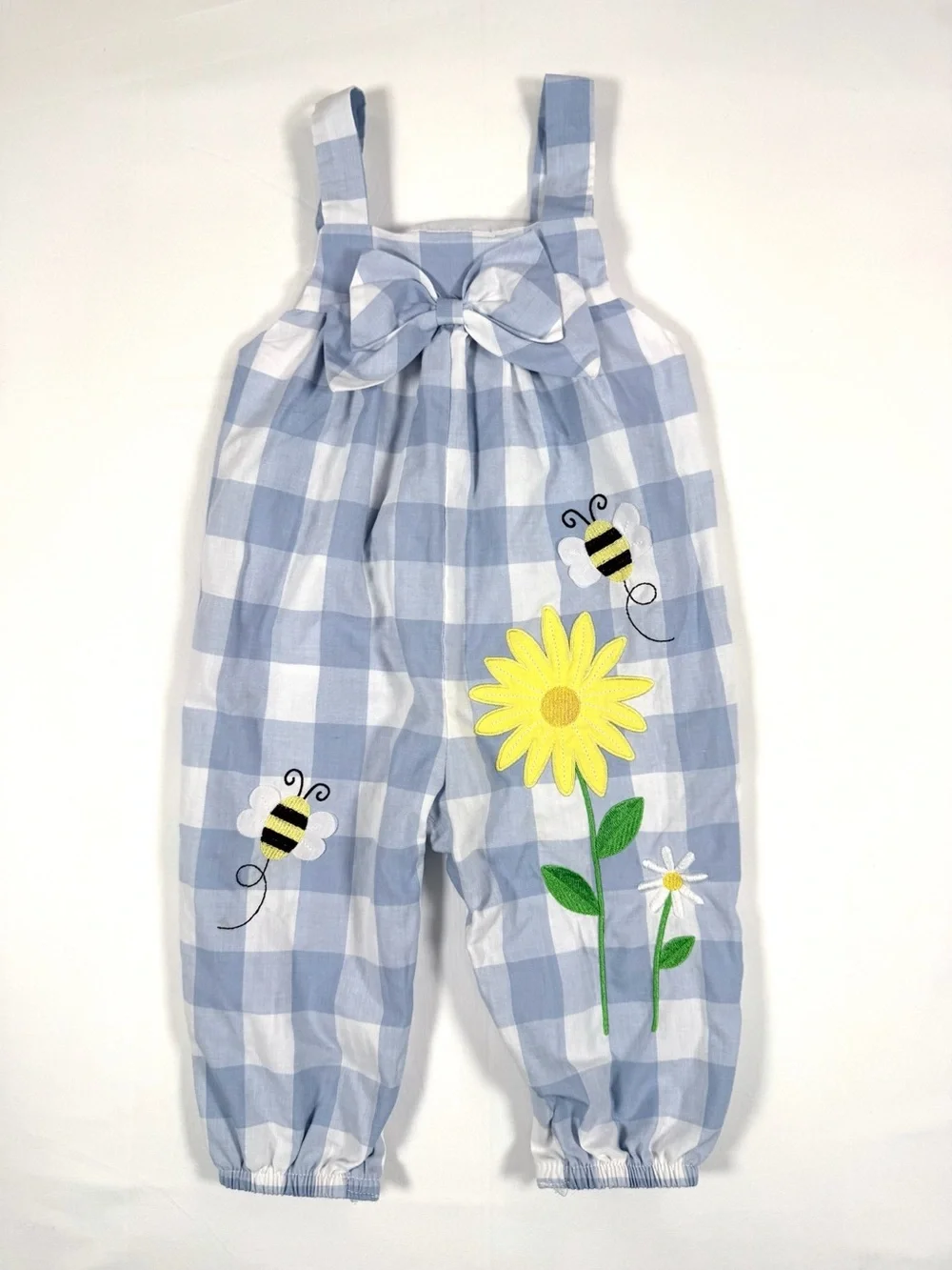 BOUTIQUE Blue Gingham Bee Floral Romper Toddler Girls Size 12M Garden Outfit